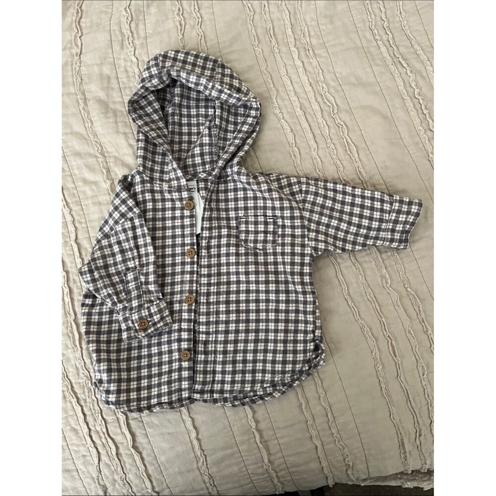 0-3 T Carter's Black and White Plaid Hooded Button-Up
